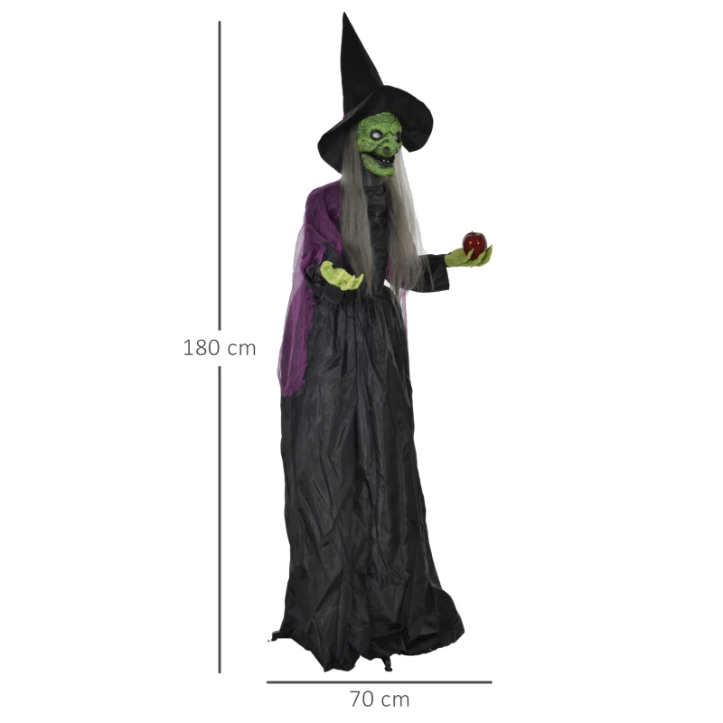 HOMCOM Hexe mit Giftapfel, Helloweendeko, gruselige Laute, rote Augen, bewegliche Arme, 180 cm(m-3)