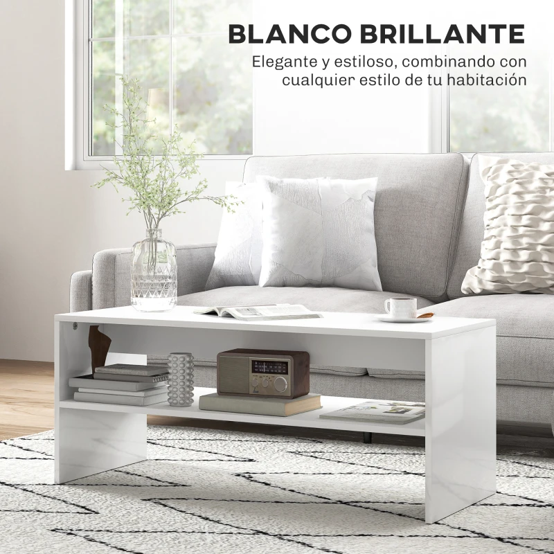 HOMCOM Mesa de Centro Mesa Auxiliar con Compartimento Abierto Mesa de Café 100x40x41,5 cm Blanco Brillante