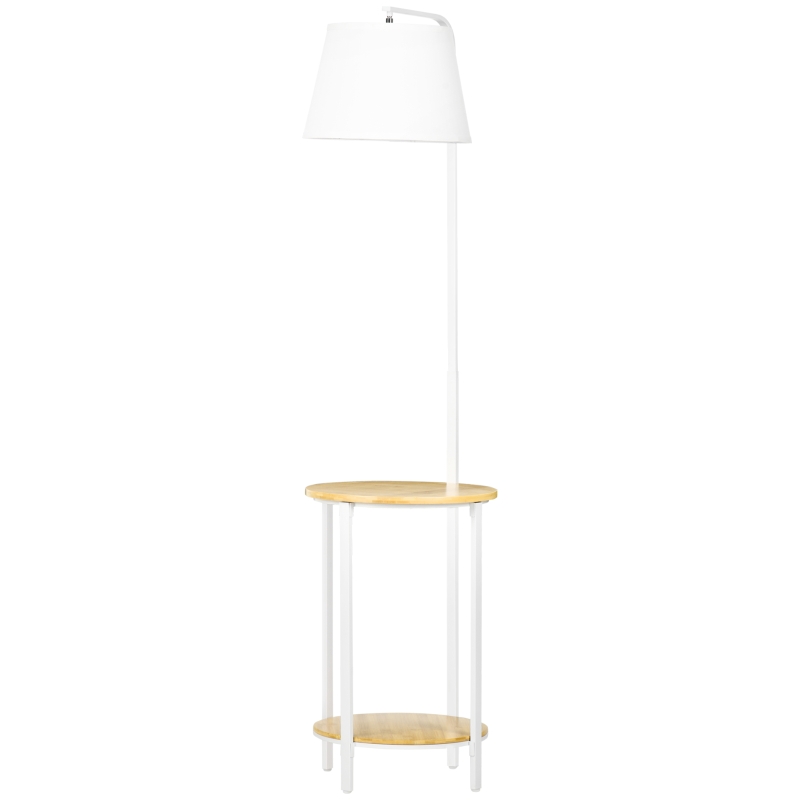 HOMCOM Lampadaire sur pied avec abat-jour en tissu 2 étagères rondes en bois interrupteur au pied hauteur 162 cm blanc