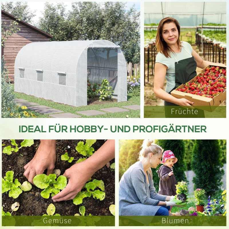 Outsunny Foliengewächshaus Treibhaus begehbar mit Metallrahmen 4,45 x 2 x 2m Weiß