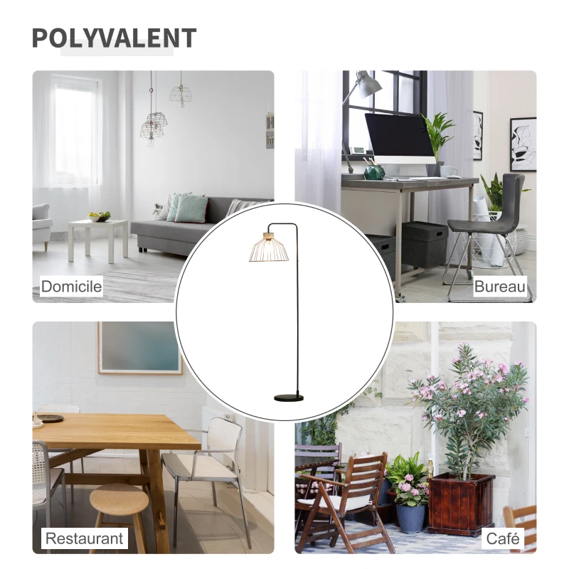 HOMCOM Lampadaire lampe à pied design élégant en métal avec décoration en rotin idéal pour maison bureau restaurant et café 44 x 34 x 154 cm noir