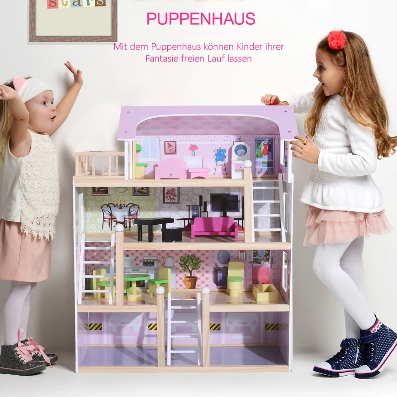 HOMCOM Puppenhaus aus Holz Puppenvilla für Kinder ab 3 Jahren Puppenstube Dollhouse 4 Etagen mit Möbel und Zubehör Spielzeug 60 x 30 x 80 cm