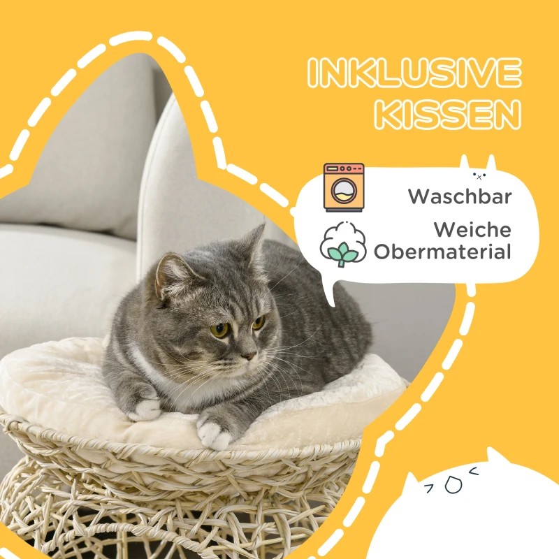 PawHut Katzenhaus aus PE-Rattan, 2 Etagen, Katzenhöhle mit Kissen, 42 cm x 42 cm x 40 cm, Beige