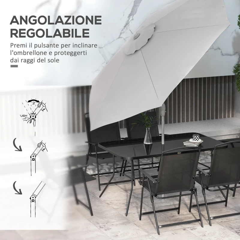 Outsunny Set da Giardino con Tavolo da Pranzo, 6 Sedie Pieghevoli e Ombrellone a Manovella, Grigio e Nero