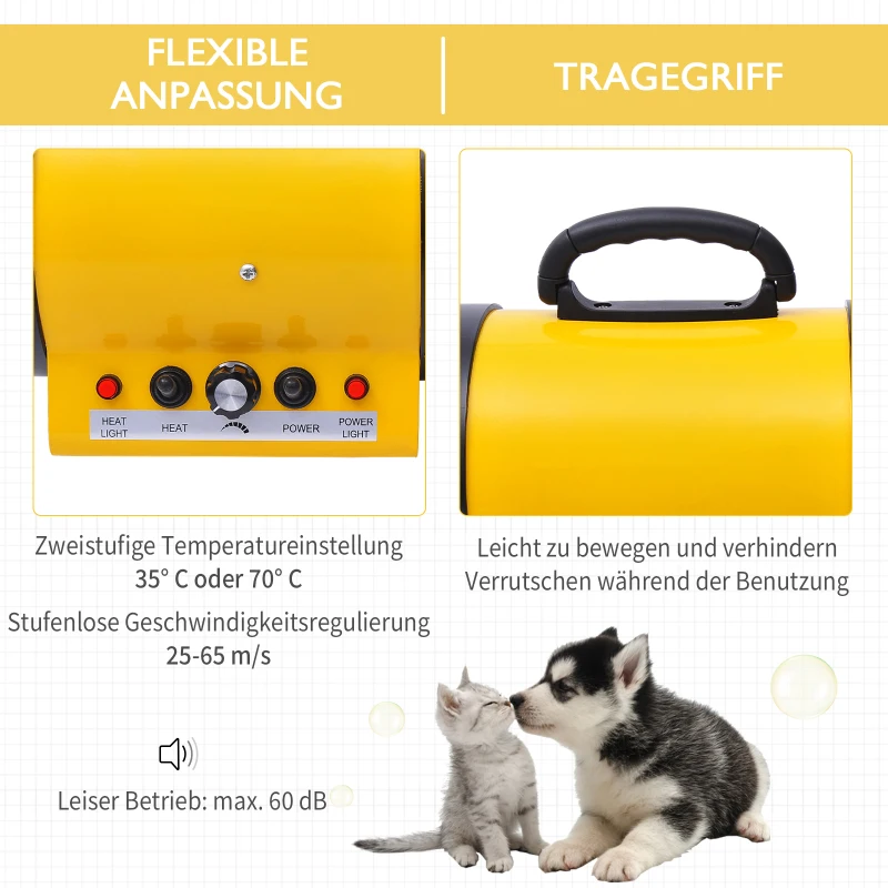 PawHut Profi Hundefön Tierfön Pet Dryer Flüsterfön Hundetrockner 2800W Metall Gelb 40 x 16 x 20 cm