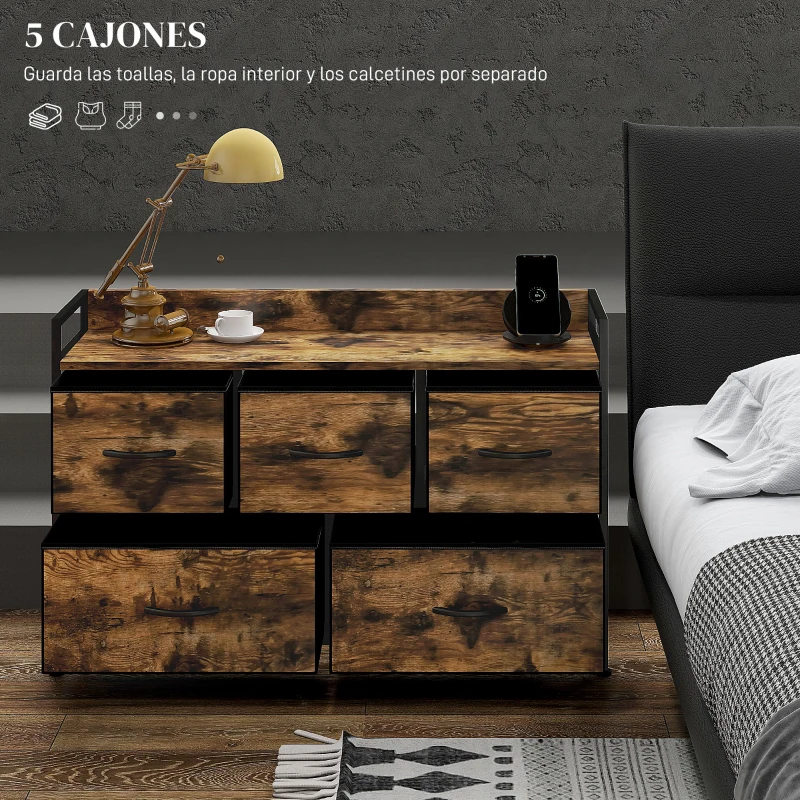 HOMCOM Cajonera de Tela con 5 Cajones y Marco Metálico Estilo Industrial para Salón Recibidor 98x29x63 cm Marrón Rústico