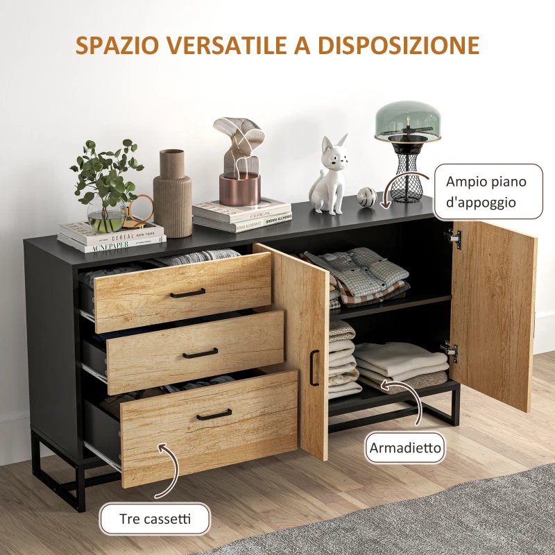 HOMCOM Credenza Moderna con 3 Cassetti e un Armadietto Cucina 2 Ante Soft-Close con Ripiano Regolabile