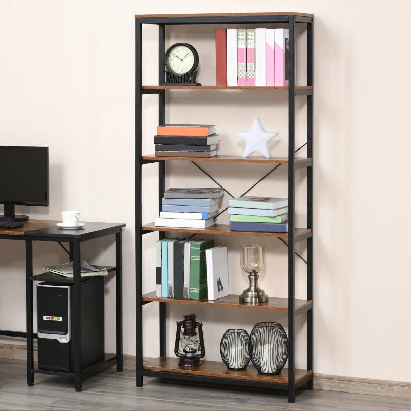 HOMCOM Bücherregal mit 5 Fächer, Standregal, Industriestil, Wohnzimmer, Schlafzimmer, Büro, E1 Spanplatte, Braun, 80 x 30 x 180 cm