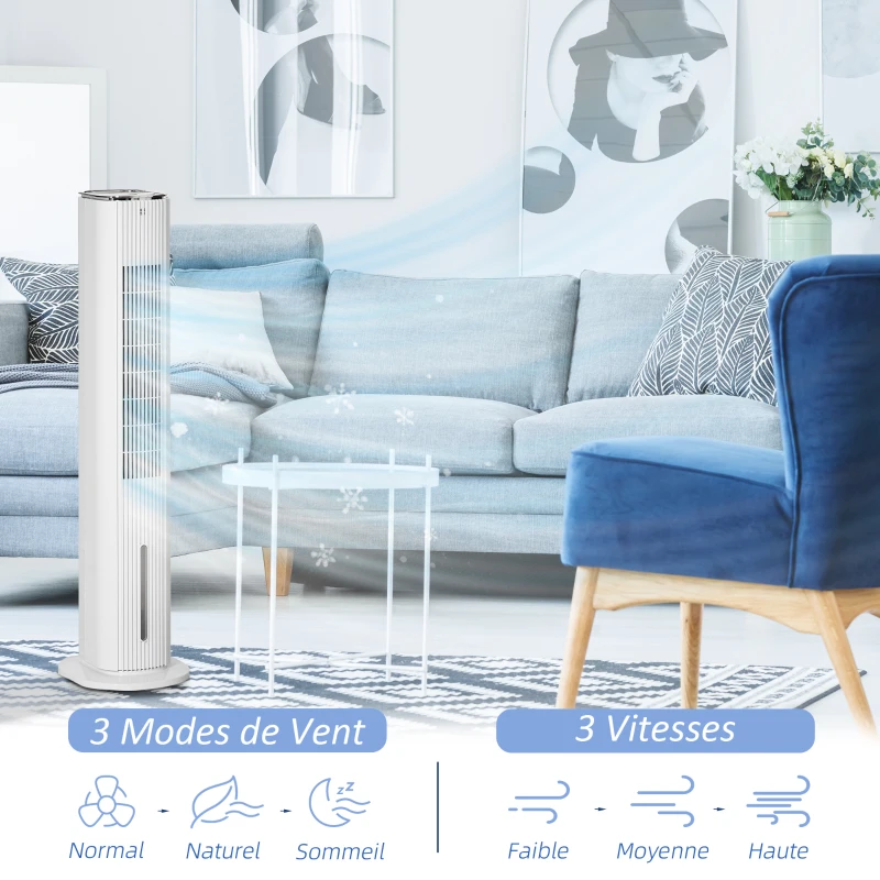 HOMCOM Rafraîchisseur d'air/ventilateur colonne/humidificateur/purificateur 4 en 1 - oscillant - timer, 3 modes, 3 vitesses - télécommande réservoir 5L avec 4 blocs réfrigérants