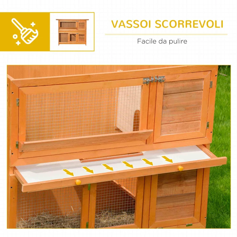 PawHut Conigliera da Esterno in Legno con Casetta e Recinto a 2 Piani, 122x48x100 cm