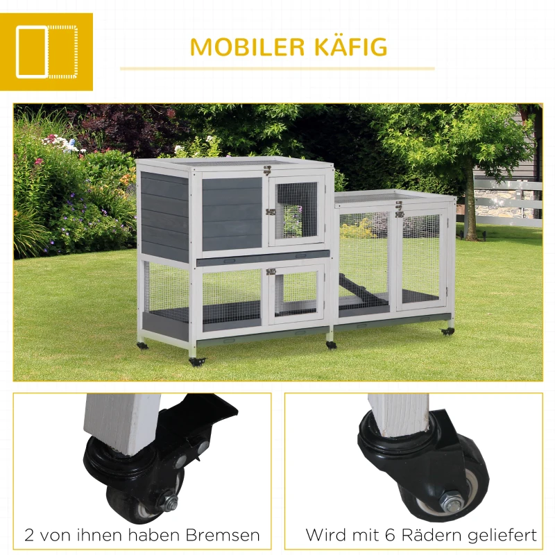 PawHut Kleintierstall Kleintierkäfig Zwergkaninchenstall mit 6 Rädern aufklappbarem Dach abschließbarer Tür Tannenholz Grau+Weiß 147 x 45,5 x 88,5 cm