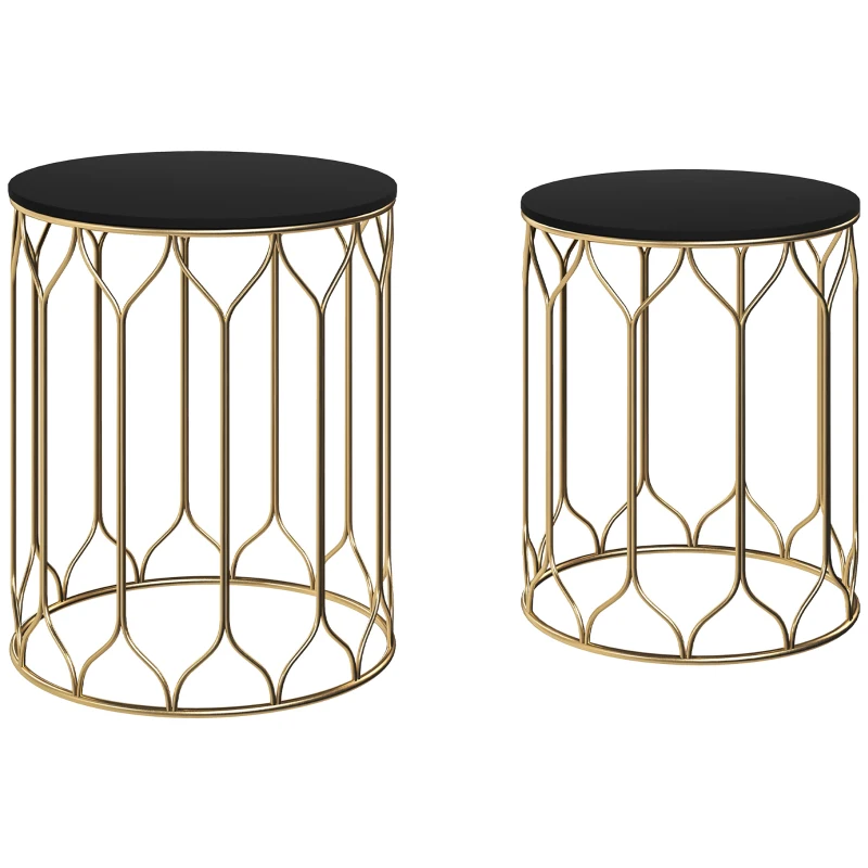 Outsunny Round Coffee Table Set of 2, Modern Nesting Tables with Ceramic Tile Top, Small End Tables, Indoor Outdoor Side Table with Metal Frame for Living Room, Bedroom, Patio, Balcony, Black