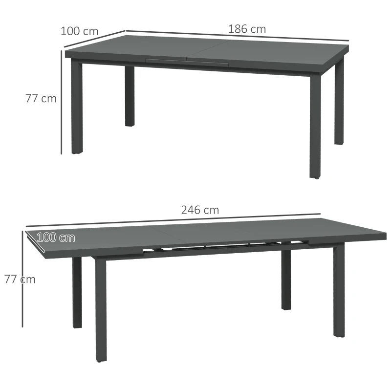 Outsunny Aluminium Garden Table for 6-8, 246 cm Extending Outdoor Dining Table Rectangle for Patio, Balcony - Charcoal Grey