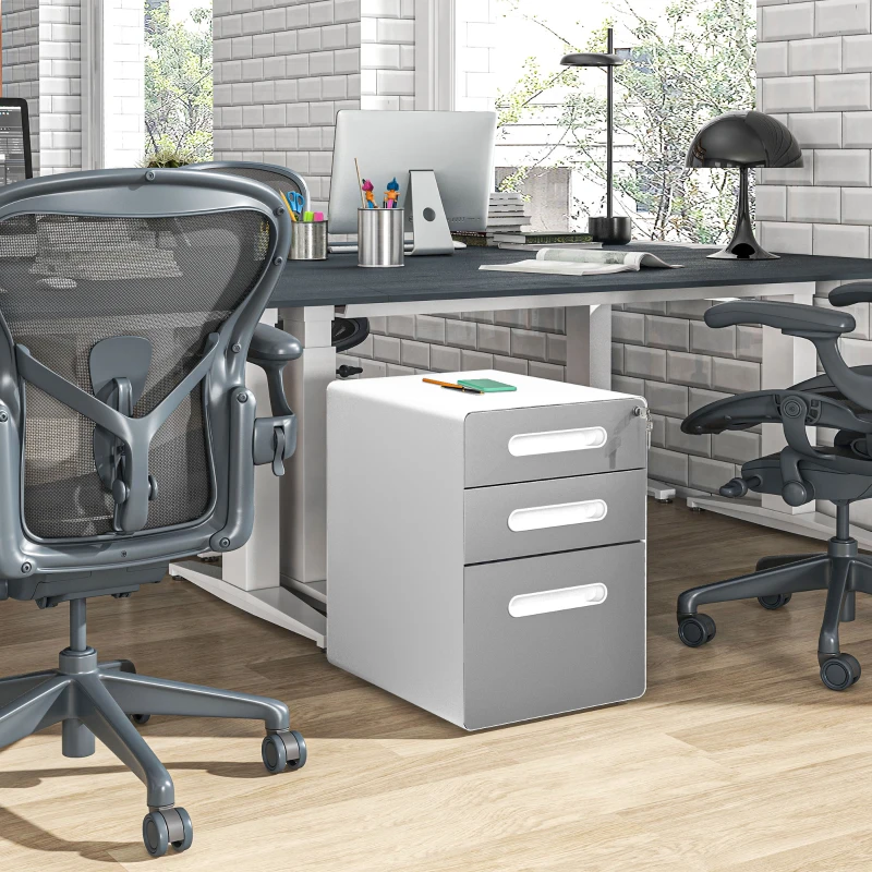 Vinsetto Aktenschrank, Rollcontainer, verschließbar, 2 Schubladen & Hängeregister, Stahlgehäuse, 39x48x59 cm, Hellgrau