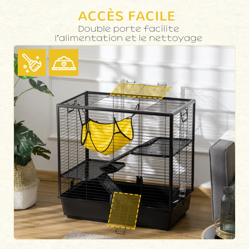 PawHut Cage petits rongeurs cochon d'inde, lapin, furets 3 niveaux avec abreuvoir, hamac, 2 rampes dim. 80L x 48l x 78H cm - noir