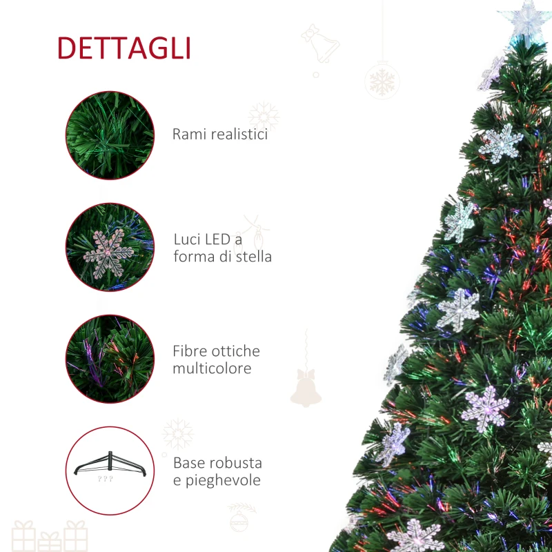 HOMCOM Albero di Natale Artificiale 150cm con Fibre Ottiche e 21 Luci LED, Decorazioni a Forma di Fiocco di Neve, Verde