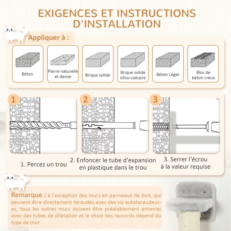 PawHut Arbre à chat parcours mural complet 4 pièces hamac, pompon, plateformes de saut, poteau en sisal et échelle peluche gris