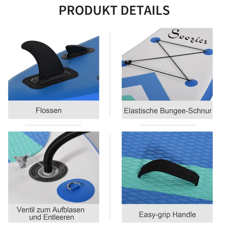 HOMCOM Aufblasbares Surfbrett Surfboard Stand Up Board mit Paddel Rutschfest Inkl. Ausrüstung PVC EVA 305 x 80 x 15 cm