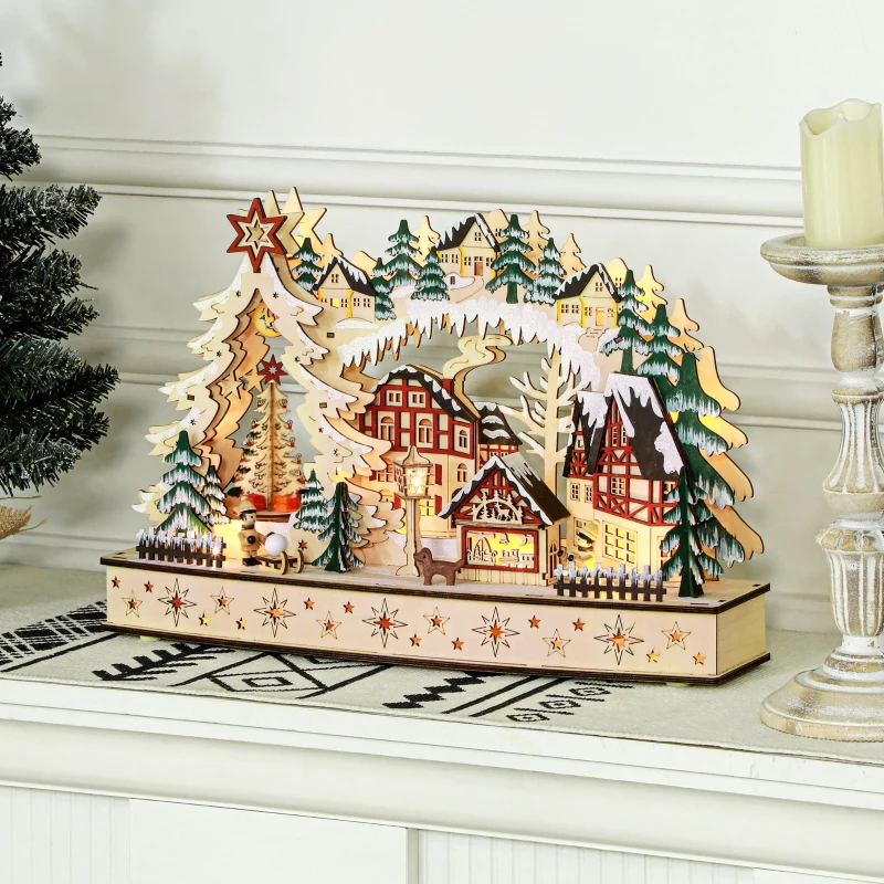 HOMCOM Weihnachtsdorf im Winterwunderland, 20 LED-Lichter, mehrschichtig, Naturholz, 45 x 12 x 30 cm