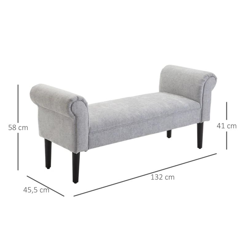 HOMCOM Banco Pie de Cama Banqueta para Dormitorio con Brazos Tapizada y Patas de Madera para Recibidor Salón 132x45,5x58 cm Gris