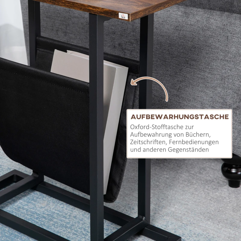 HOMCOM Beistelltisch, Nachttisch, schmales Design, mit Stofftasche, Stahl, dunkelbraun+schwarz, 49 x 19 x 55cm