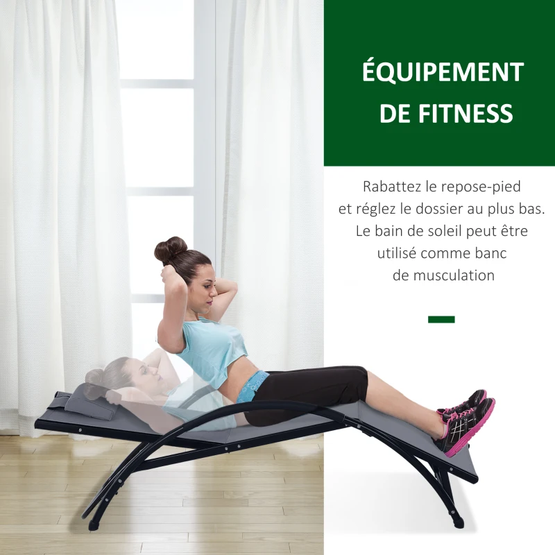Outsunny Bain de Soleil transat Chaise Longue Fauteuil relax Jardin Design Contemporain inclinable Multi-Positions Repose-Pied réglable tétière icluse alu textilène Gris