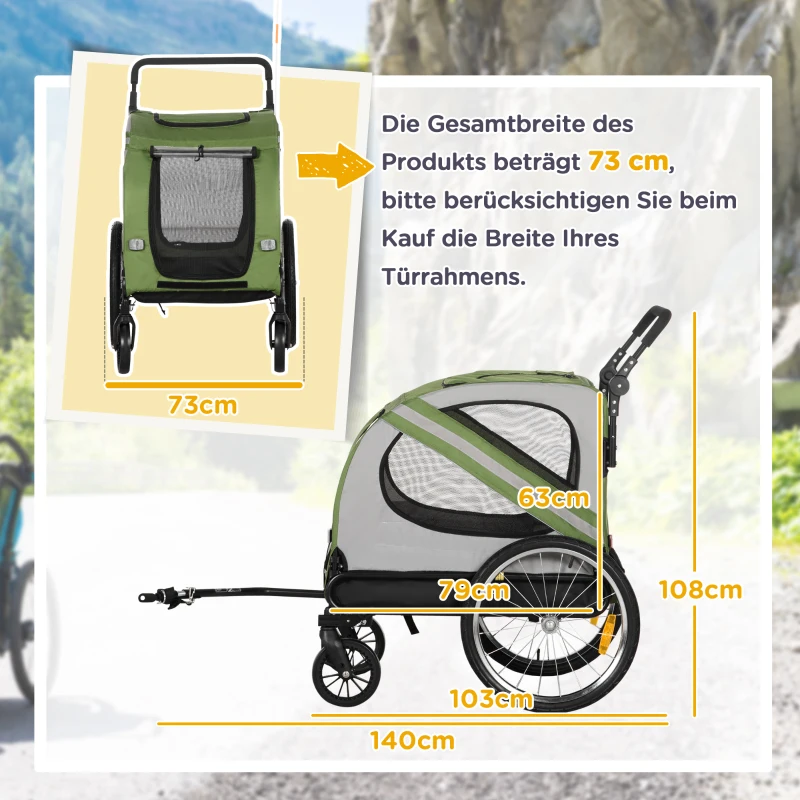 PawHut 2-in-1 Hundebuggy, Hundefahrradanhänger, klappbar, wetterfest, für Hunde bis 20 kg, Grün(m-3)