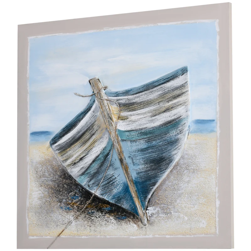 HOMCOM Hand-Painted Canvas Wall Art Blue Boat in the Beach, Wall Pictures for Living Room Bedroom Decor, 90 x 90 cm