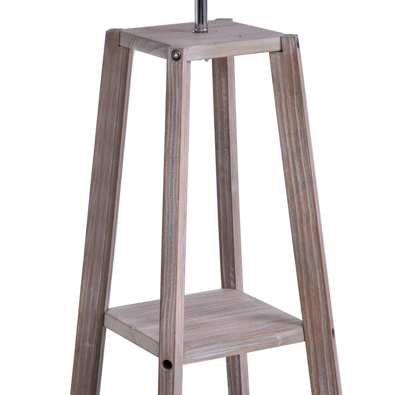 HOMCOM Lampada da Terra in Legno con 3 Ripiani e Paralume in Tessuto, 45x45x148cm, Grigio