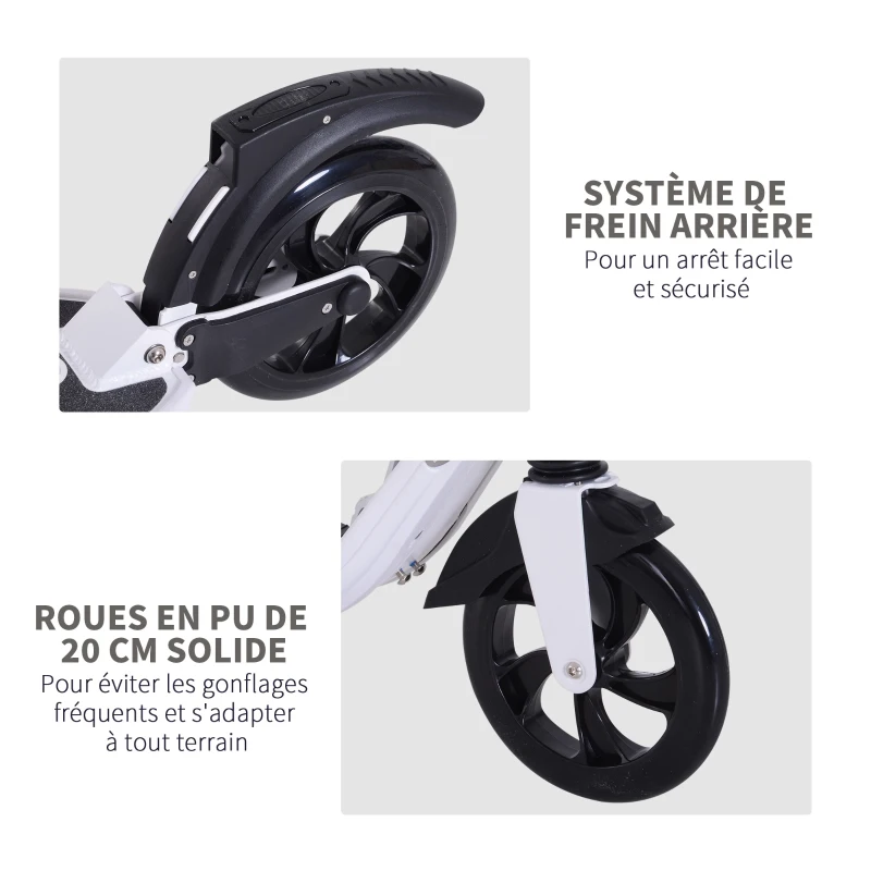 HOMCOM Trottinette pliable pour adultes enfants dolescents à partir 14 ans hauteur guidon réglable double système d'absorption des chocs roues PU alu dim. 94 x 38 x 95-105 cm blanc