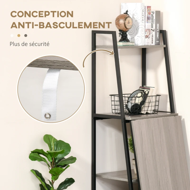 HOMCOM Bureau Pliable Rabattable - Bureau bibliothèque 2 en 1-4 étagères - Bois gris métal noir