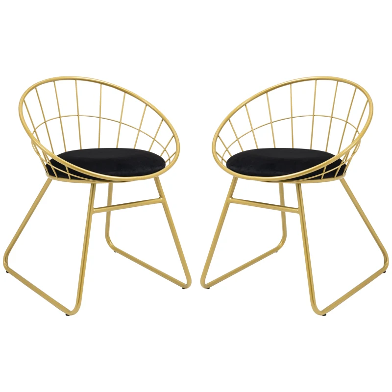 HOMCOM Modern Dining Chairs Set of 2, Metal Wire Kitchen Chair with Velvet-feel Cushion, Round Back and Steel Frame for Living Room, Bedroom, Gold
