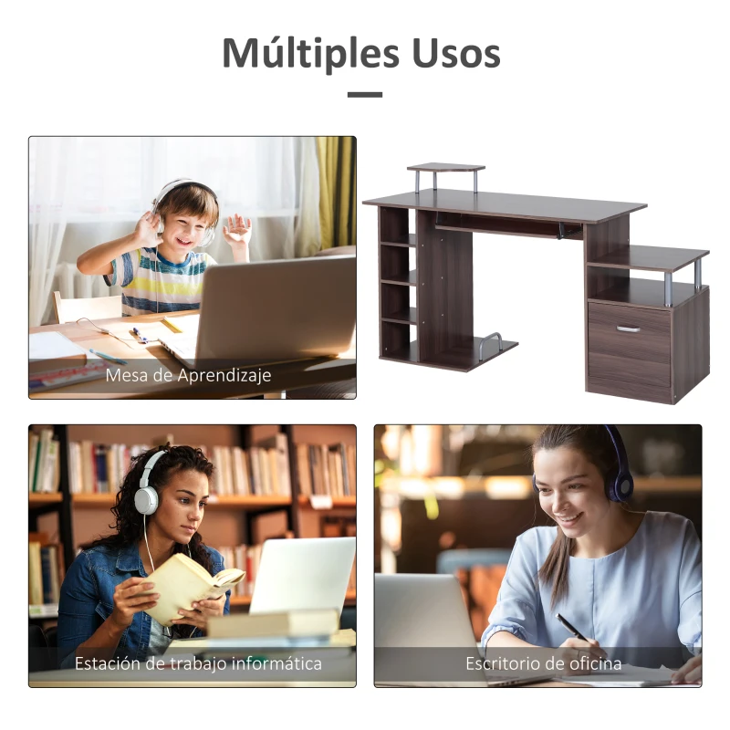 HOMCOM Mesa de Ordenador 120 cm Mesa de Escritorio con Múltiples Estantes Cajón Bandeja de Teclado 152x60x88 cm Marrón