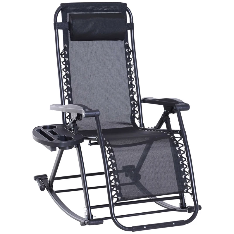Outsunny Foldable Garden Rocking Chair, Outdoor Recliner Sun Lounger with Breath Mesh Fabric, Zero-Gravity Seat with Headrest, Cup Holder Tray, Black