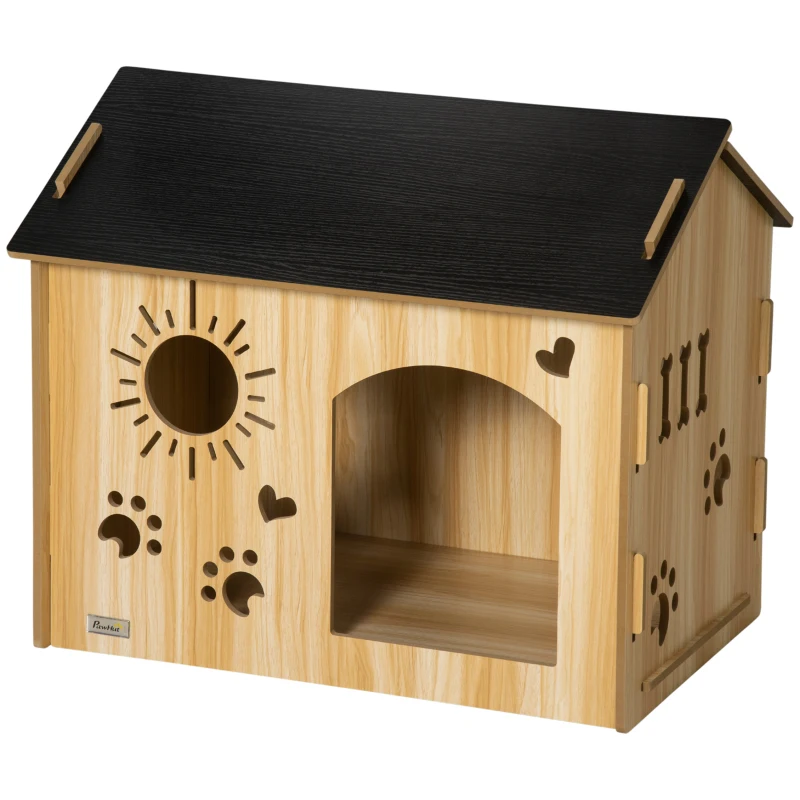 PawHut Hundehütte, mit Lüftungsöffnungen, wetterfest, Holzmaterial, Schwarz+Holzfarbe, 69 x 50 x 58,5 cm