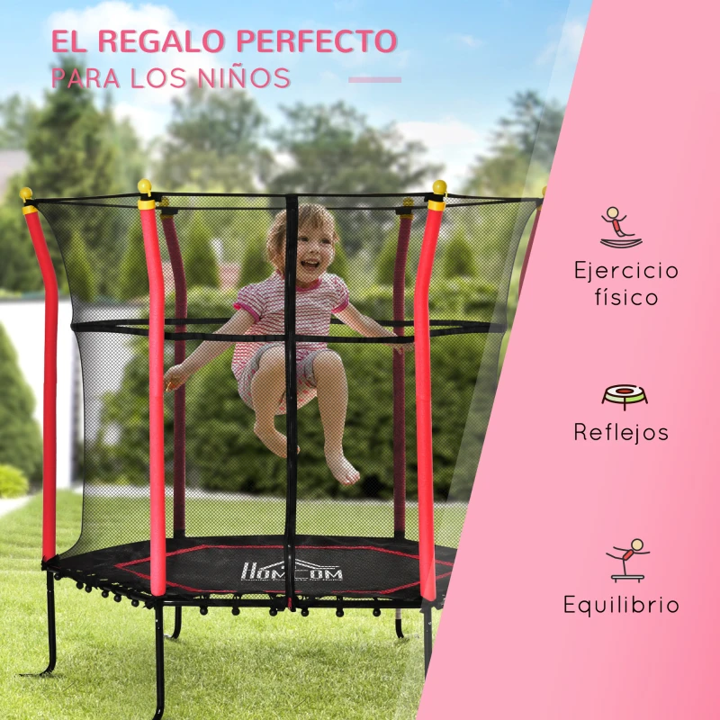 HOMCOM Cama Elástica Infantil Trampolín para Niños +3 Años con Red de Seguridad Ø163,5x163,5 cm Rojo