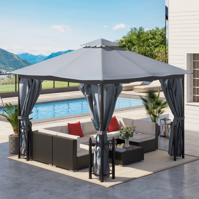 Outsunny 4 x 3.35(m) Patio Metal Gazebo Canopy Garden Tent Sun Shade, Outdoor Shelter with 2 Tier Roof, Netting and Curtains, Steel Frame, Grey