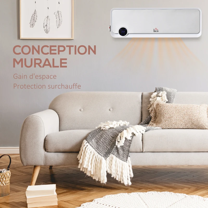 HOMCOM Radiateur mural soufflant oscillant 2000 W - chauffage céramique PTC - 3 niveaux de puissance - télécommande incluse blanc argenté