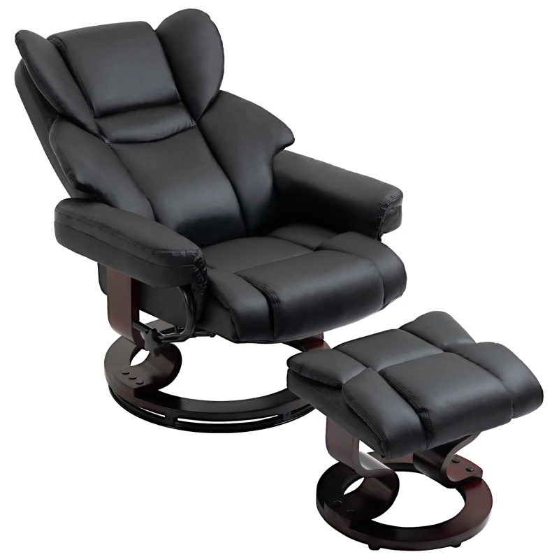 HOMCOM 360° Swivel Recliner Chair with Footstool, PU Leather Manual Recliner Armchair with Footstool, Solid Wood Base, Upholstered Reclining Chair for Living Room, Bedroom, Office, Black