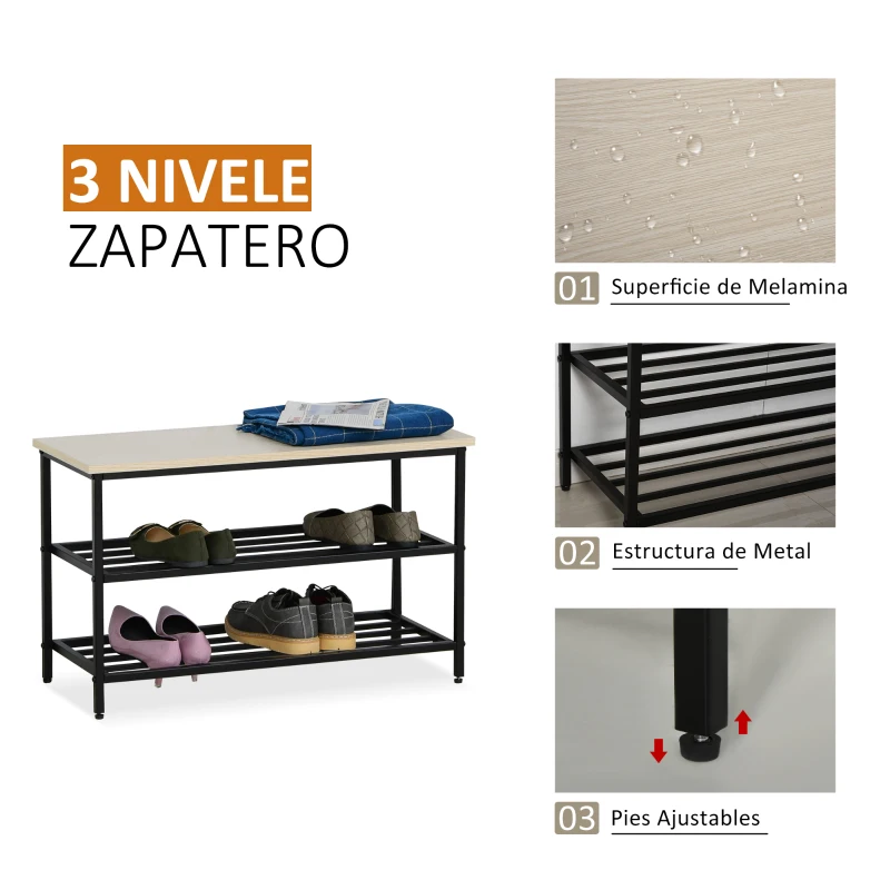 HOMCOM Mueble Recibidor Set de Zapatero y Perchero Montado en la Pared con 6 Ganchos y Plataforma para Entrada o Pasillo 75x30x45 cm Negro y Madera