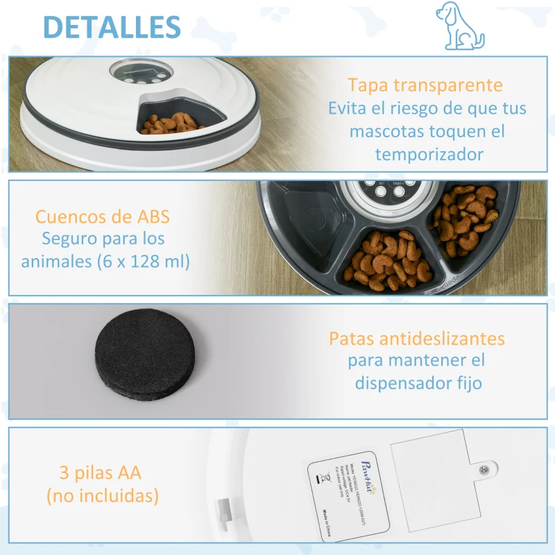 PawHut Dispensador de Comida para Mascotas Comedero Automático con Temporizador Pantalla LED 6 Cuencos Ø30,5x7,2 cm Blanco