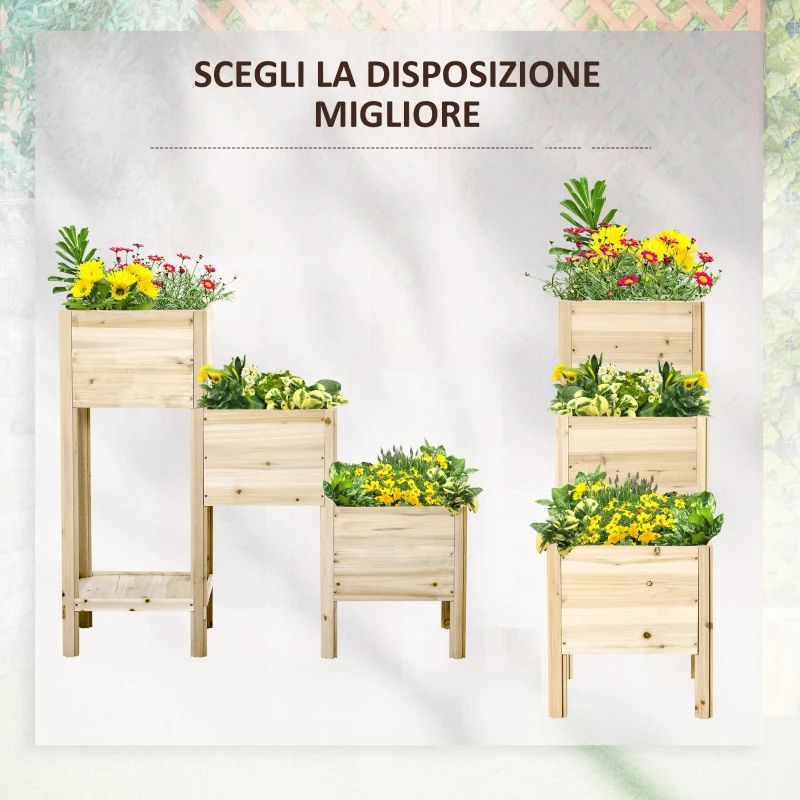Outsunny Fioriera da Esterno a 3 Livelli con Ripiano Inferiore e Fori di Drenaggio, in Legno di Abete, 125x45x108 cm