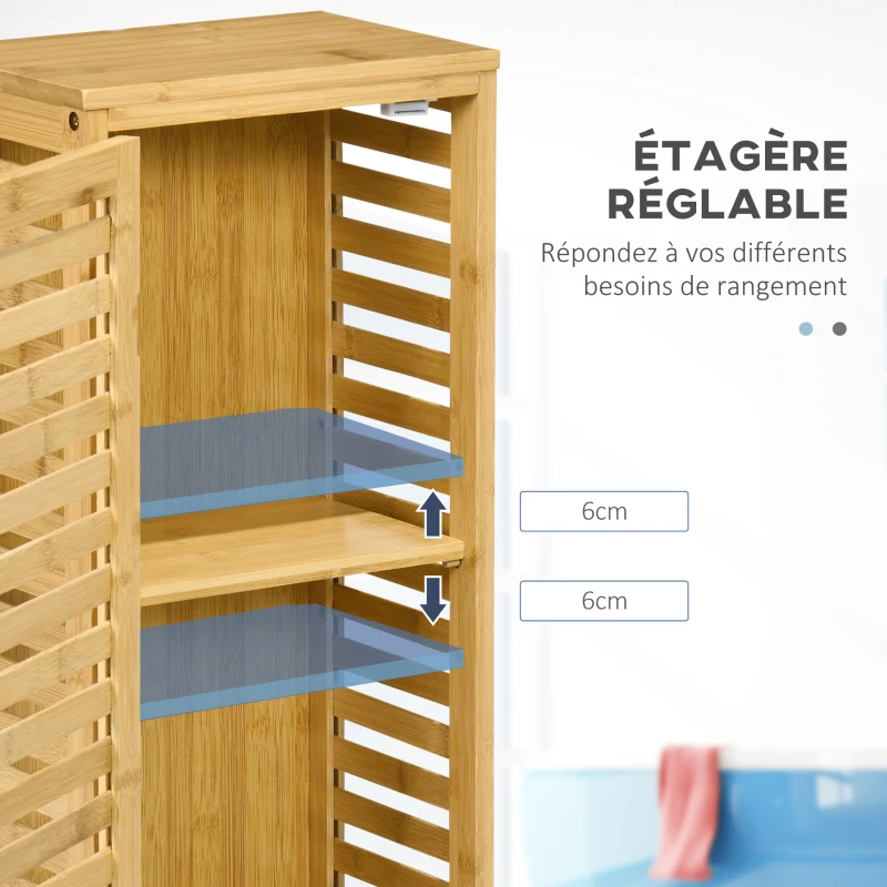 kleankin Armoire de salle de bain en bambou 1 étagère réglable design naturel 30 x 19,9 x 70 cm naturel