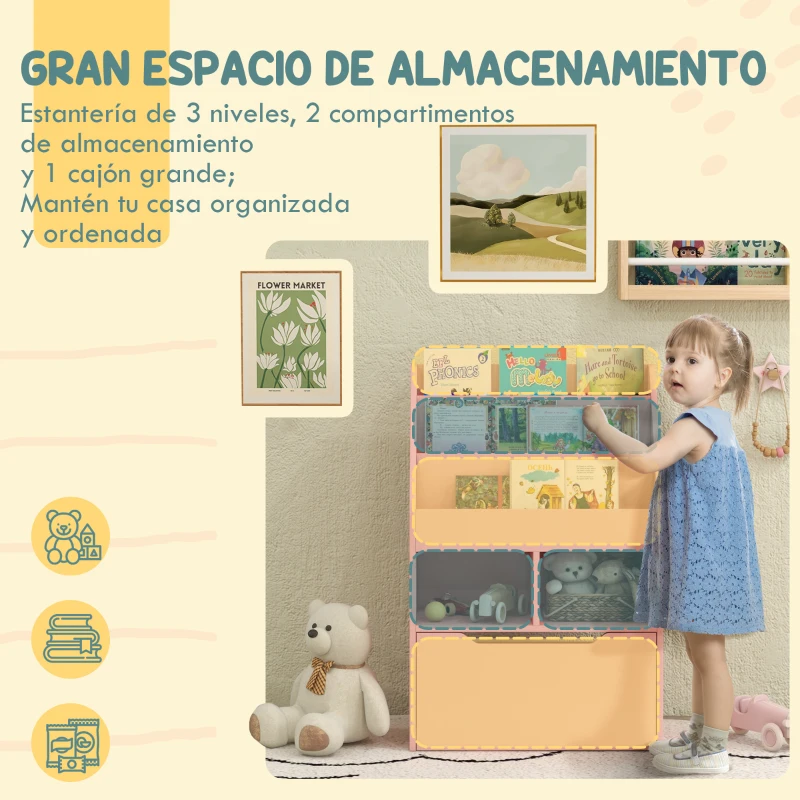 HOMCOM Estantería Infantil de Madera con 3 Compartimentos 2 Cubos y Cajón Móvil con 4 Ruedas 60x29,9x90 cm Rosa