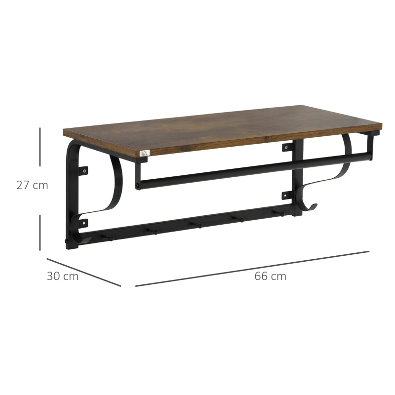 HOMCOM Wandregal Garderobenregal mit Haken 66 x 30 x 27cm Stahl+Holz Braun+Schwarz