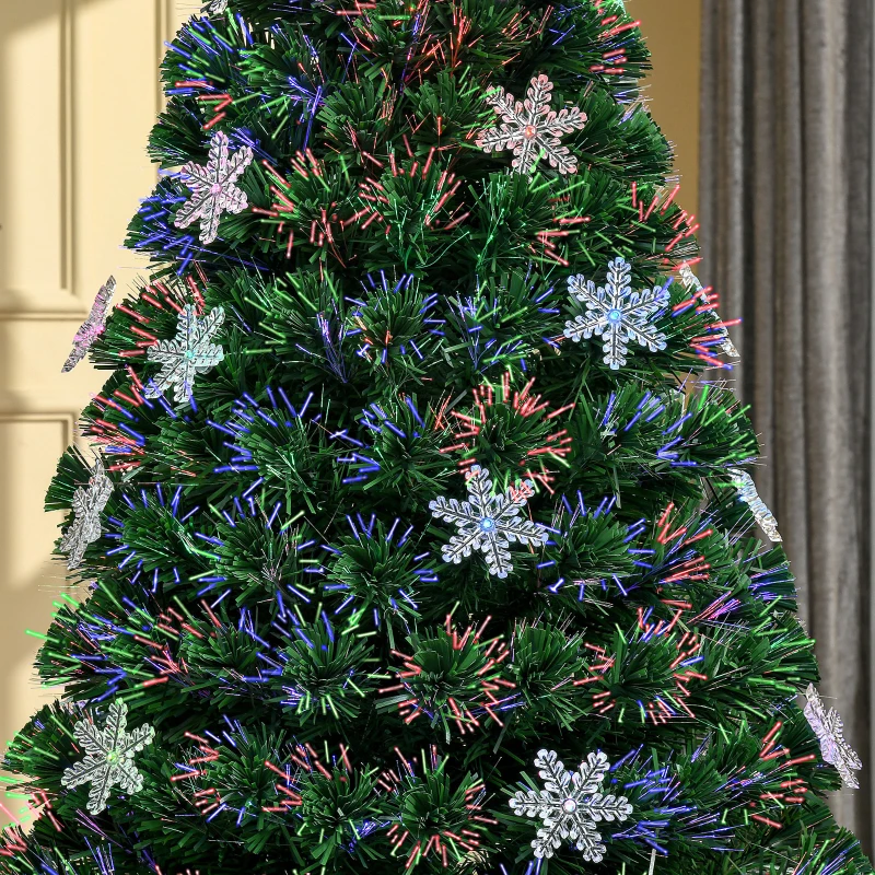 HOMCOM Albero di Natale Artificiale 150cm con Fibre Ottiche e 21 Luci LED, Decorazioni a Forma di Fiocco di Neve, Verde