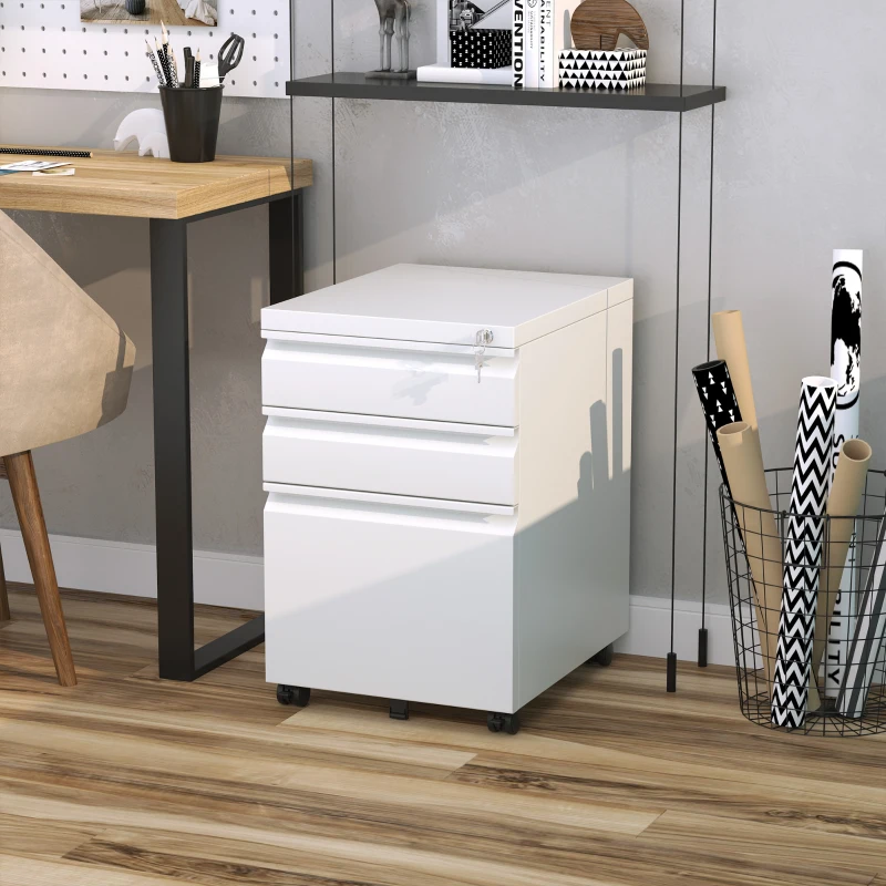 Vinsetto Cajonera de Oficina con Ruedas Mueble con Cerradura 2 Cajones y 1 Archivador para Tamaño A4 Carta 39x48x60 cm Blanco