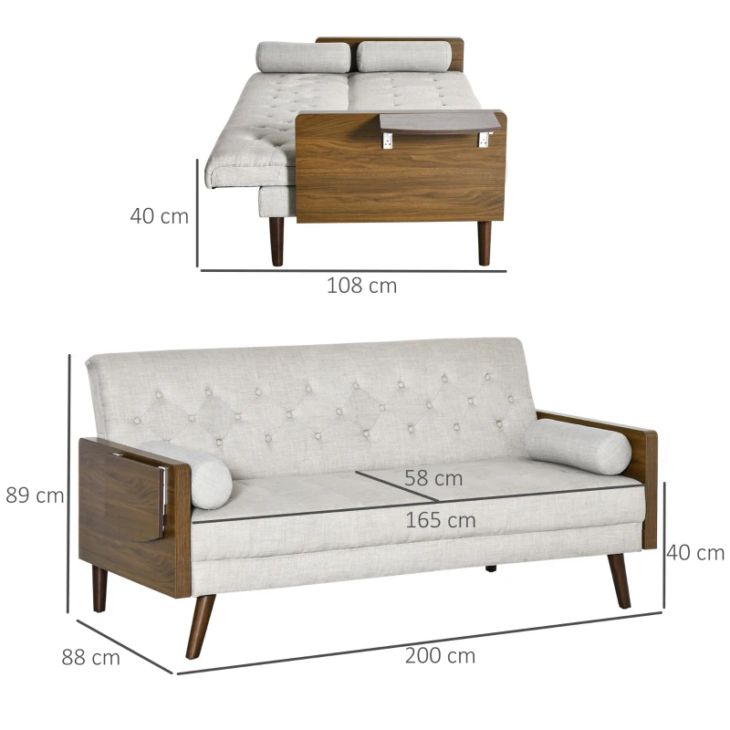 HOMCOM Canapé Convertible 3 Places Design scandinave Dossier inclinable 3 Positions Tablette Rabattable 2 Coussins Inclus Pieds effilés Bois Eucalyptus fumé Tissu Coton Polyester Aspect Lin Beige