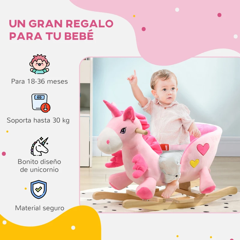 HOMCOM Caballito Balancín Infantil en Forma de Unicornio con Música Cinturón de Seguridad Manillar y Reposapiés 65x35x45cm Rosa