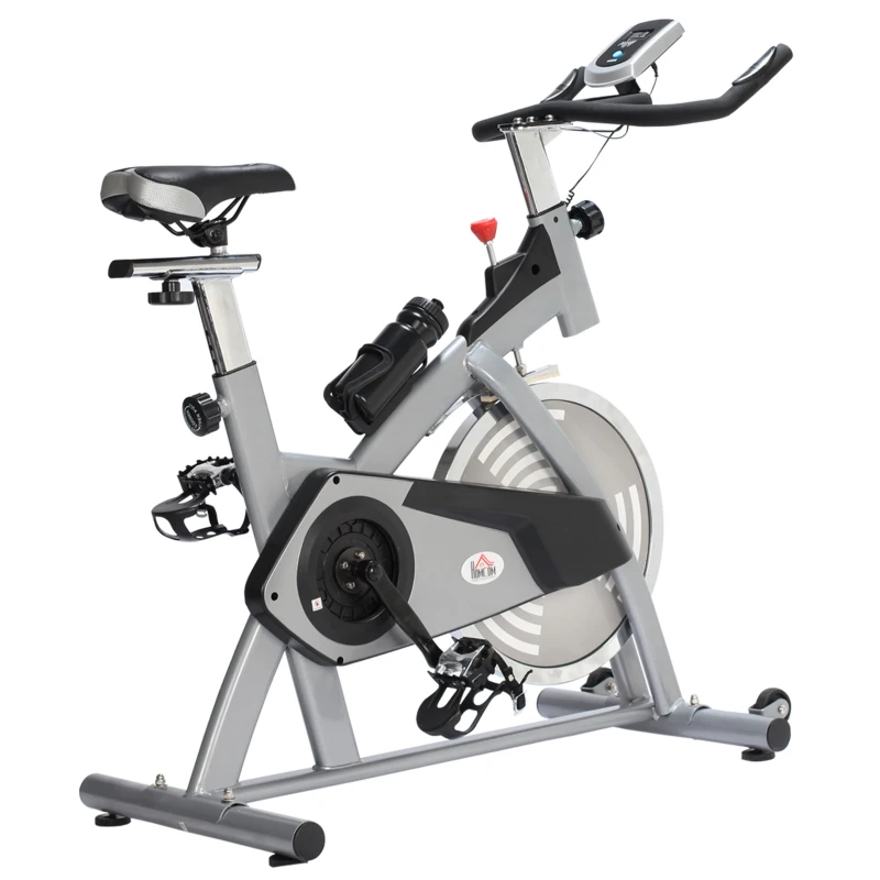 HOMCOM Bicicleta Estática Volante de Inercia de 13 kg Ciclo Indoor con Sillín Ajustable Resistencia Manillar Regulables Pantalla LCD con Pulsómetro 96x50x107 cm Acero Plata